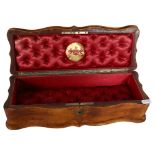 A 19th century beechwood glove box, with fabric inlay, fabric inlay is inscribed "My trust is in God