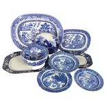 A Victorian Willow pattern meat plate, 45cm, Willow pattern and other blue and white plates, and a