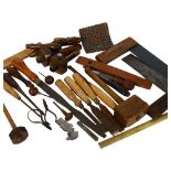 A group of Vintage wood-turning chisels, scratch and marking gauges, set squares etc