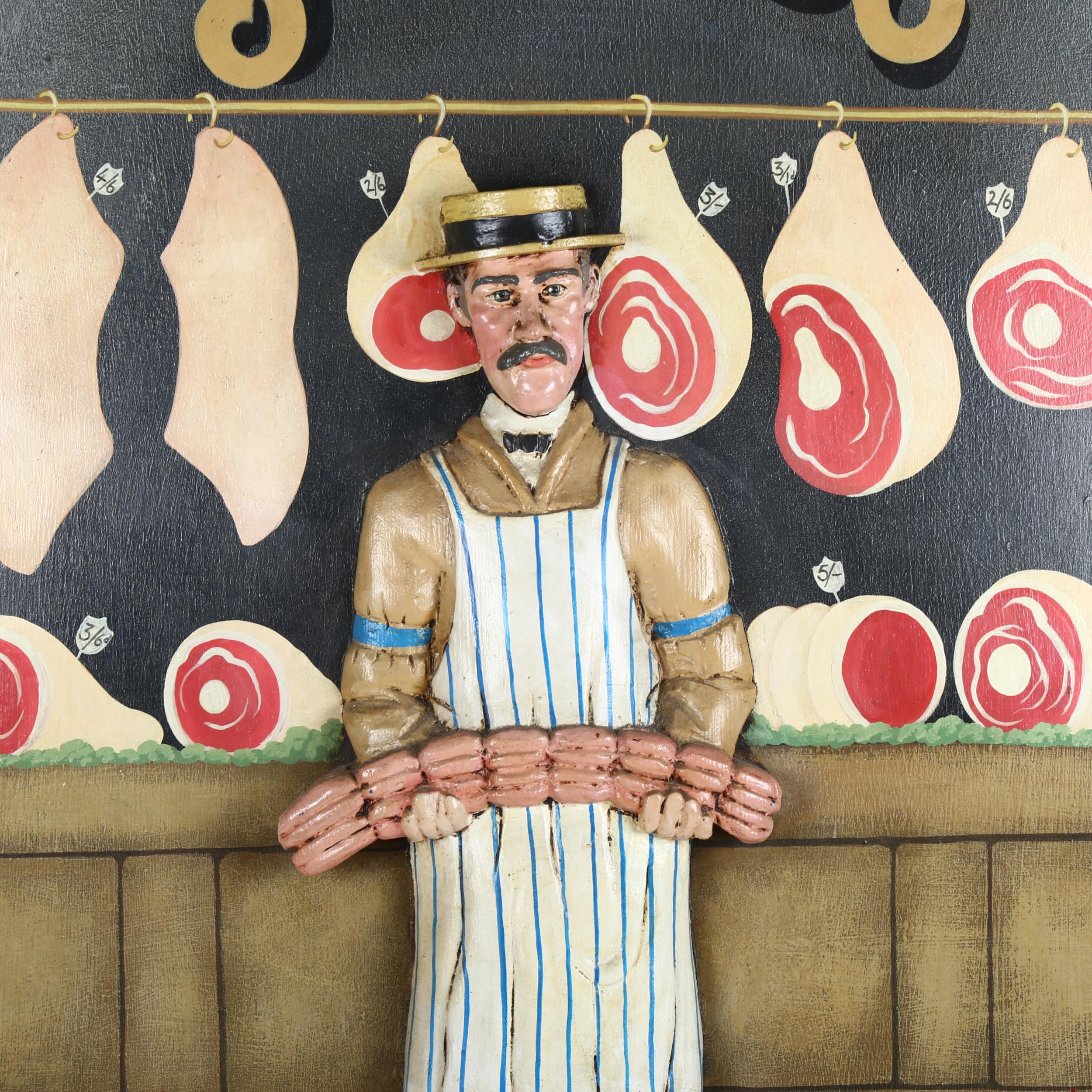 A large carved and painted wood butcher's advertising sign "Mr Ted's Famous Pork Sausages", 92 x - Image 2 of 2