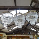 A set of 3 x 3-tier chandeliers with gilt-metal mounts and lustre drops, diameter 21cm