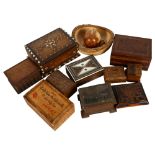 Eastern inlaid boxes, miniature carved trunk, Masonic olive wood stamp box and another, carved