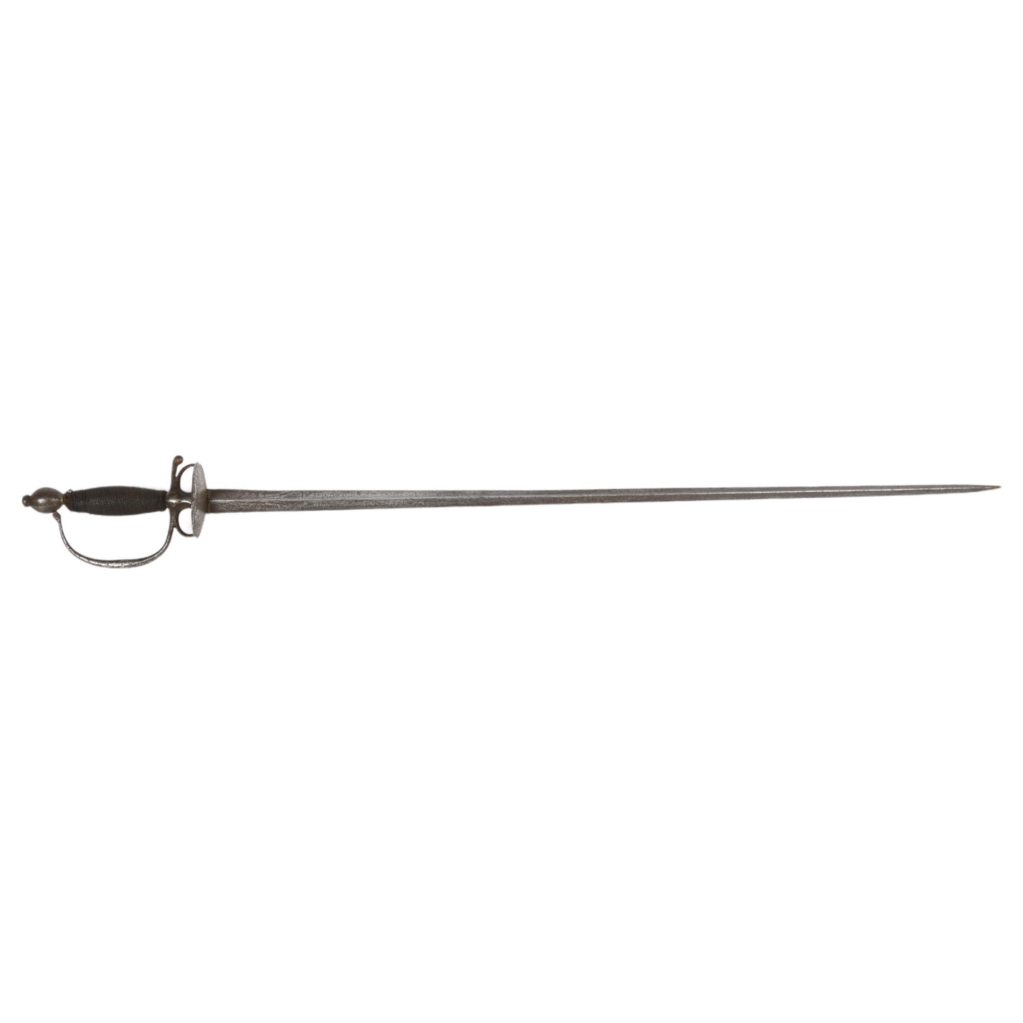 An Antique sword with triangular blade and double-shell guard, and metal woven grip, no maker's