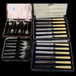 A cased set of 6 silver coffee spoons, and 2 cased sets of butter knives, retailed by Harrods