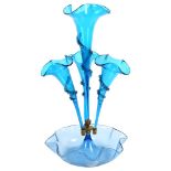 A blue glass table epergne, with 4 trumpets, H48cm