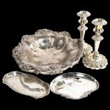 A Victorian engraved and embossed swing-handled silver plated fruit basket, a pair of silver plate