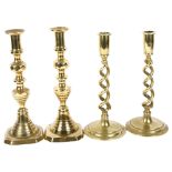 A pair of brass open twist candlesticks, 26cm, and a pair of 19th century turned brass candlesticks