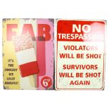 2 reproduction tin signs, 1 advertising Fab Lollies, and the other a No Trespassing Notice, H70cm