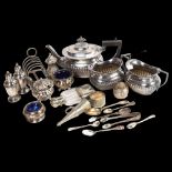 A 3-piece tea set of half fluted form, various cruets, a small hip flask with plated cup etc