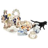 A Royal Doulton Labrador, a Victorian teapot and Staffordshire figures, pen stand etc