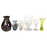 A large 19th century rummer, an 18th century shot glass, a uranium glass vase, a brass overlay vase,