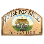 A Vintage painted wood arch-top sign "House For Sale", 92 x 62cm