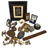 A box of interesting items, including an icon, 10cm, Antique padlock and chain with key, miniature