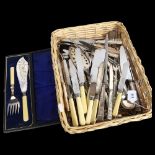 A quantity of mixed plated cutlery, including ivorine-handled, cased fish servers etc