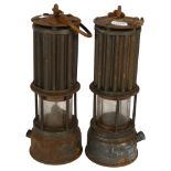 2 Antique metal miner's lamps, H27cm