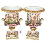 A pair of early 20th century Naples vases on marble bases, H21cm