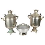 A pair of large chrome plated 2-handled tea urns, H49cm, and another (3)