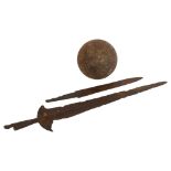 A cast-iron cannon ball, H15cm, an Antique iron sword/short dagger, L62cm, and another, L39cm (3)
