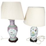 A modern Chinese style bolster enamelled decoration table lamp, with lamp shade, and 1 other,