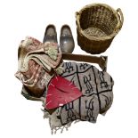 A Tribal decorated throw, a large wicker basket, a pair of Vintage clogs etc