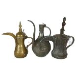 A 19th century Middle Eastern dallah oversized Arabic Bedouin copper coffee pot, and 2 souvenir