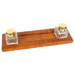 A Vintage crocodile skin desk stand with glass inkwells, length 31cm