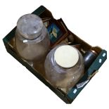 2 similar large glass dispensers, 2 similar Vintage brass tea caddies etc