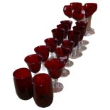 A set of 12 ruby glass goblets on clear baluster stems, Hock glasses, 16.5cm etc