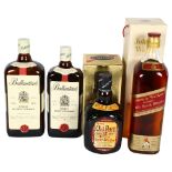 Johnnie Walker, a 1 litre bottle of Red Label Blended Scotch Whisky, Ballantines, a 1 litre bottle