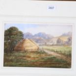 19th century watercolour, haystacks, unsigned, 17cm x 28cm, framed