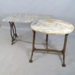 A rectangular marble top garden table on cast iron stand, 108x74x50cm, and an oval marble top garden