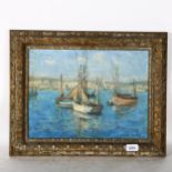 Hilary Cobbett, oil on canvas, fishing boats off the coast, image 29cm x 38.5cm, 41cm x 51cm