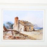 19th century watercolour, thatched cottage on the coast, unsigned, 14cm x 19cm, framed