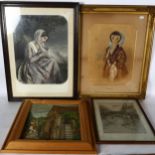 A group of various pictures and prints, including A E Chalon. RA., gouache, portrait study etc (6)