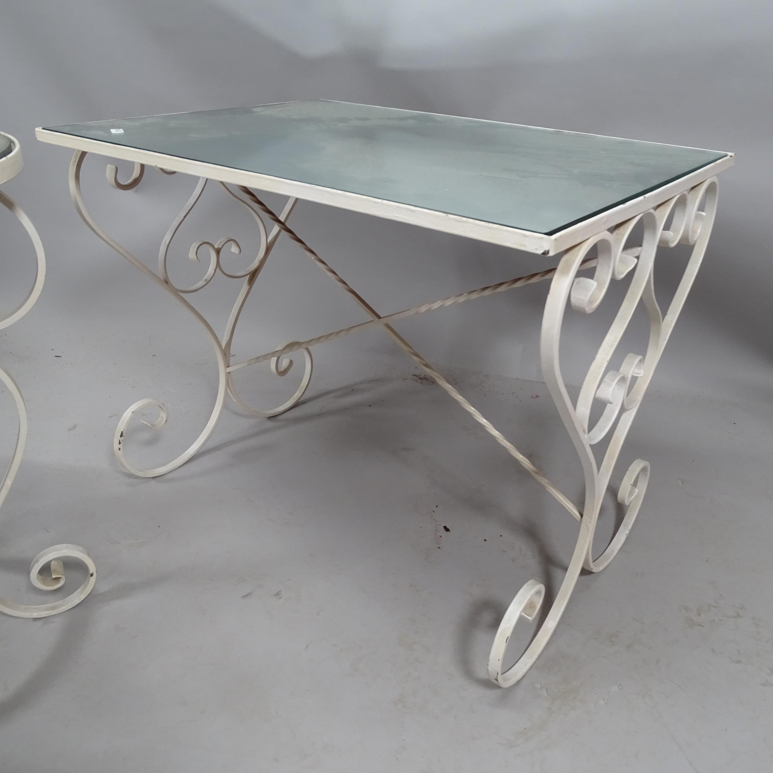 A painted wrought iron two-tier plant stand with glass shelves, 92x84x23cm, A rectangular wrought - Image 2 of 2