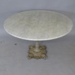 A large circular white and grey veined marble-top garden table, on embossed cast-iron base, diameter