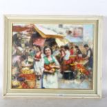 A contemporary oil on panel, Continental market scene, 49cm x 59cm