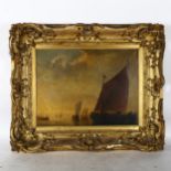 A Victorian oil on canvas, figures on a ship at harbour, image size 35cm x 46cm, 57cm x 69cm