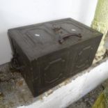 An antique cast iron strong box. 58x35x37cm. With key.