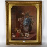 19th century oil on canvas, still life vase of flowers, 77cm x 62cm overall, gilt-gesso framed