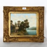 A Victorian oil on board, figure feeding ducks by a river, 39cm x 44cm overall, gilt-framed