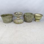 Four various weathered concrete garden urns. Tallest 37cm, widest 46cm.