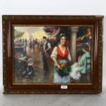 Contemporary oil on board, Continental market scene, 48cm x 58cm