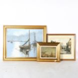 A Stringer, oil on canvas, beached sailing boats, 47cm x 57cm, a Continental coloured print, and