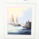 Ken Hammond, watercolour, sailing ships near a pier, 35cm x 32cm overall, framed