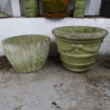 Two weathered concrete garden urns. Largest 53x41cm