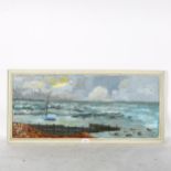 Winifred Tupper, panoramic oil on canvas, beached sailing boats, 40cm x 86cm, framed