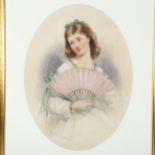 Henry Hobson (flourished 1857 - 1866), watercolour, portrait of a girl with a fan, signed, 38cm x