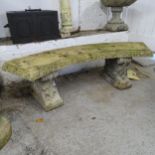 A three-section weathered concrete concave garden bench. 164x46x55cm