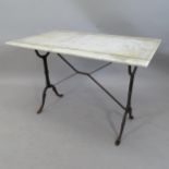 A rectangular marble top garden table on cast iron frame. 100x71x60cm